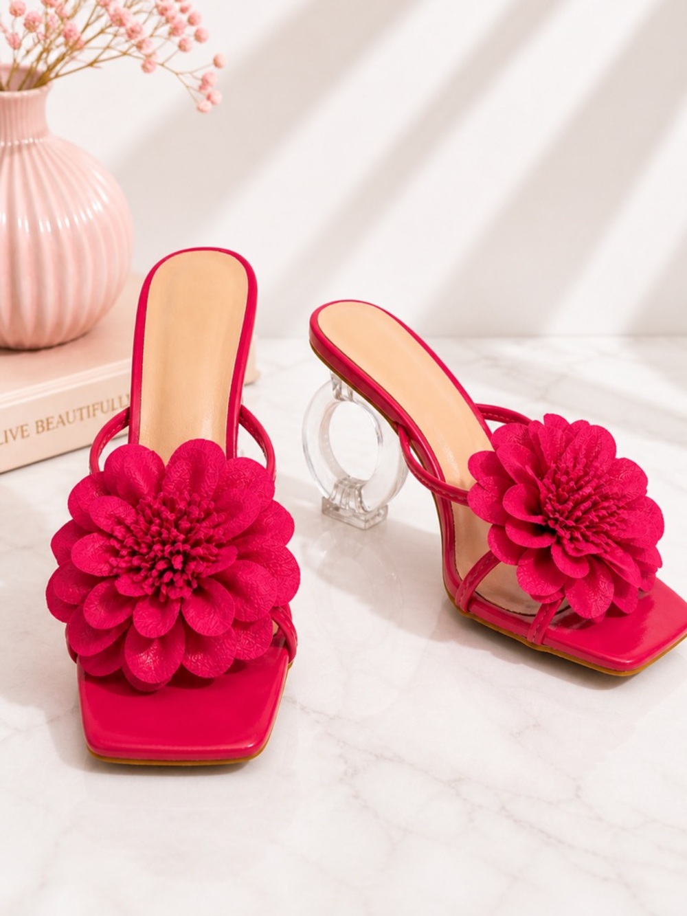 Fuchsia Floral Slide Heels with Clear Sculpted Heel